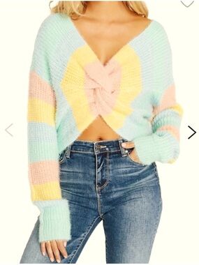 Twist-Front or Back Pastel Stripe V-Neck Sweater - Mint/Yellow/Pink
